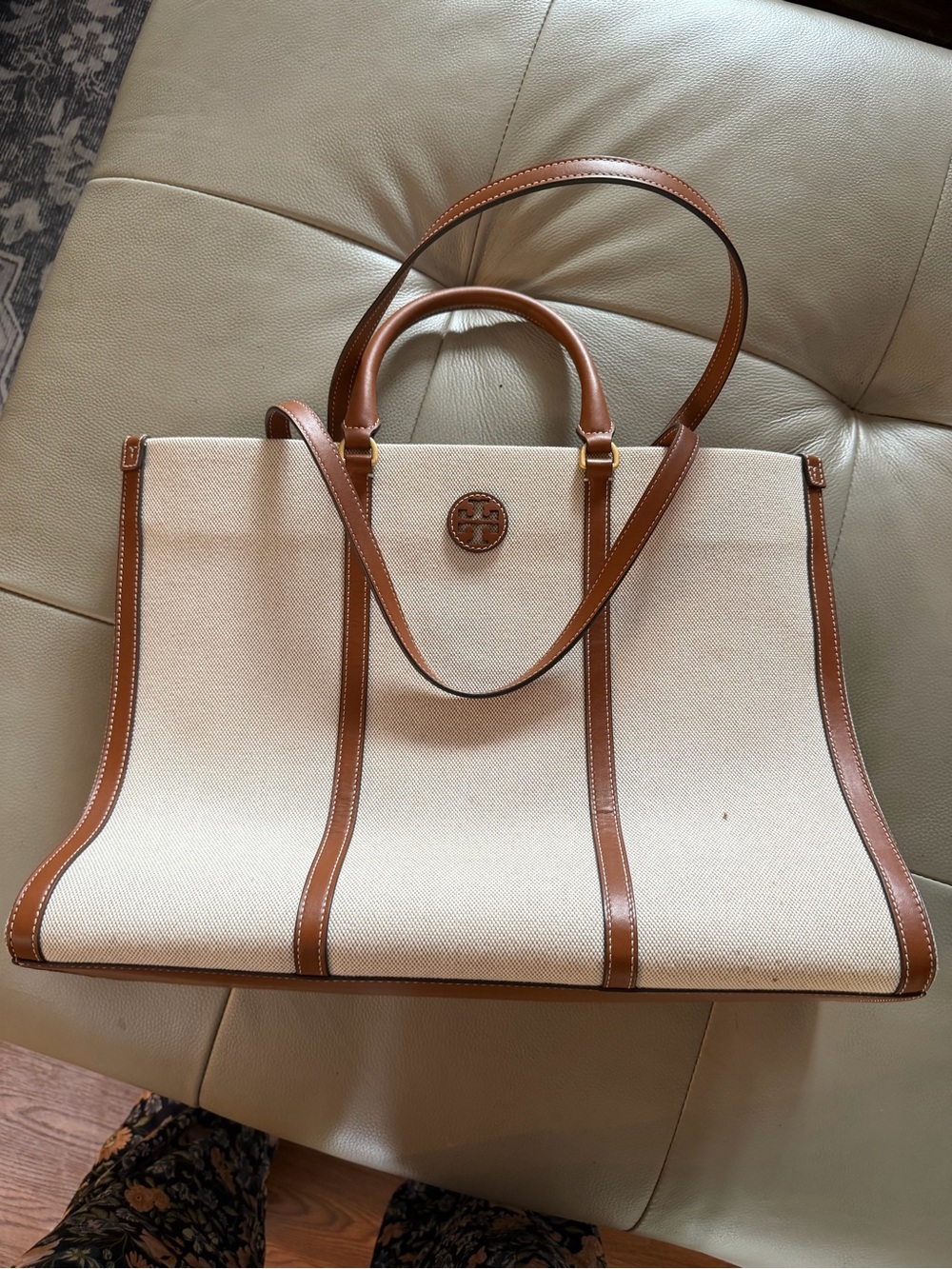 Tory Burch Cream Canvas Tote with Brown Leather Trim